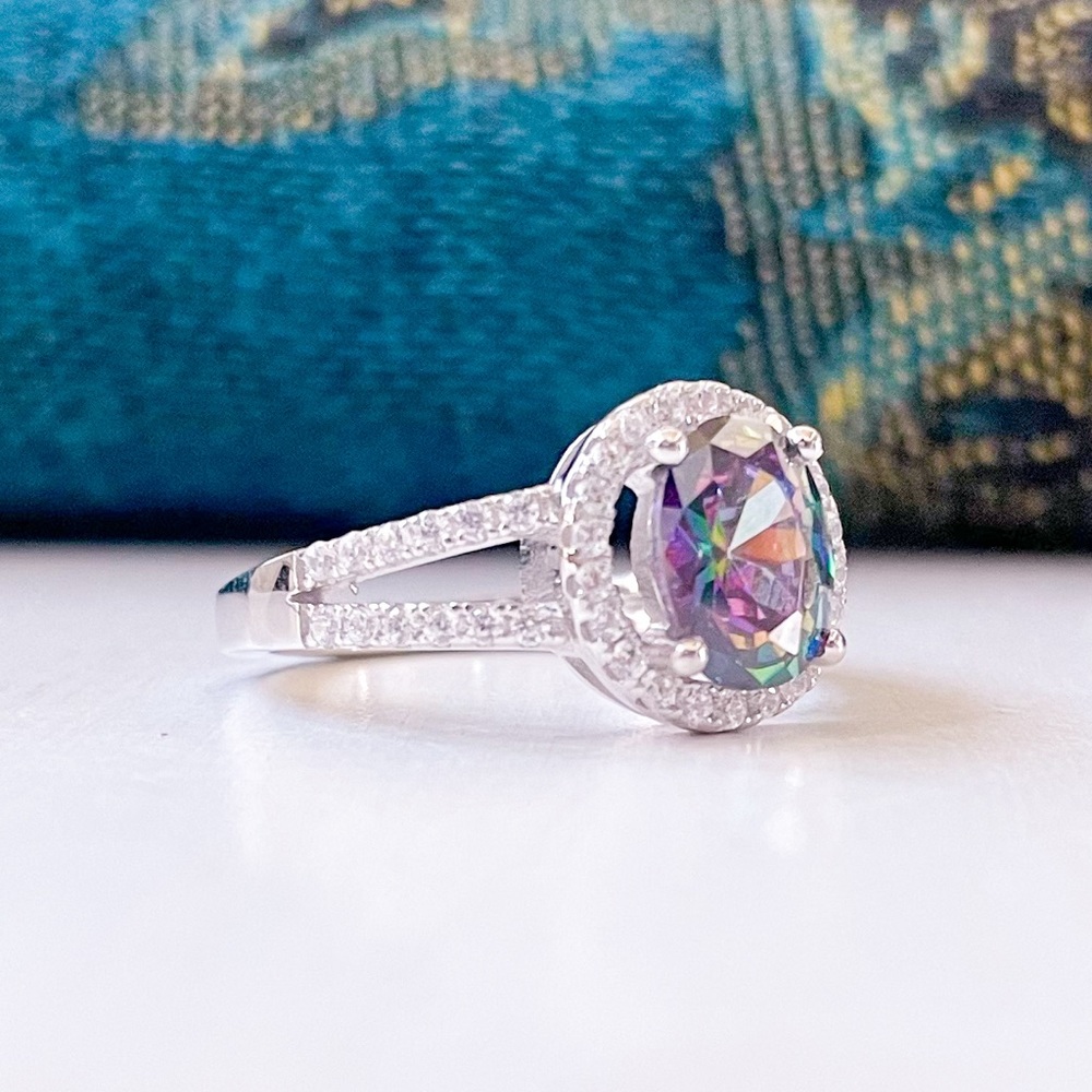 925 Rainbow Topaz Oval Halo CZ Ring Sz 8